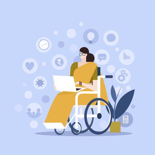 illustrazioni stock, clip art, cartoni animati e icone di tendenza di illustrazione di una donna di disabilità fisica seduta su una sedia a rotelle e che lavora con il suo laptop - saree