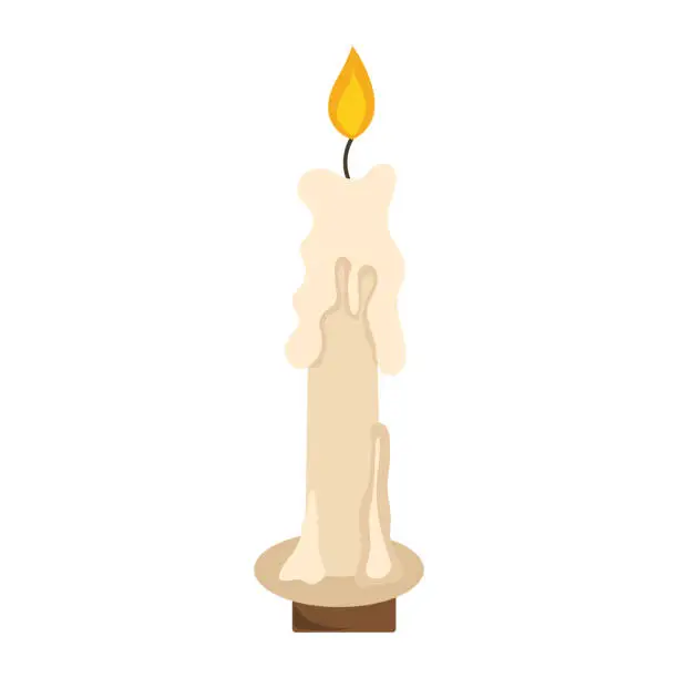 Vector illustration of Burning cartoon candle in candlestick. Happy halloween holiday. Decoration for horror night. Vector illustration