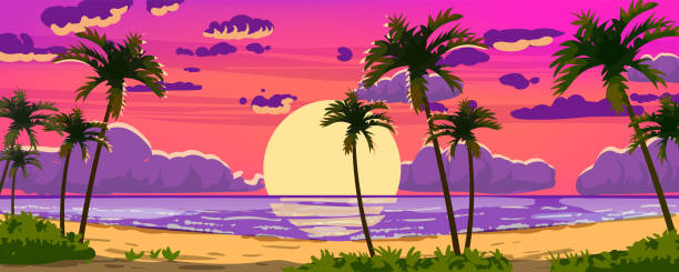 サンセット オーシャン トロピカル リゾート 風景パノラマ.海辺のビーチ、太陽、エキソティの木のヤシ、海岸線、雲、空、夏休み。ベクトルイラスト漫画スタイル - scenics silhouette beach sun点のイラスト素材／クリップアート素材／マンガ素材／アイコン素材