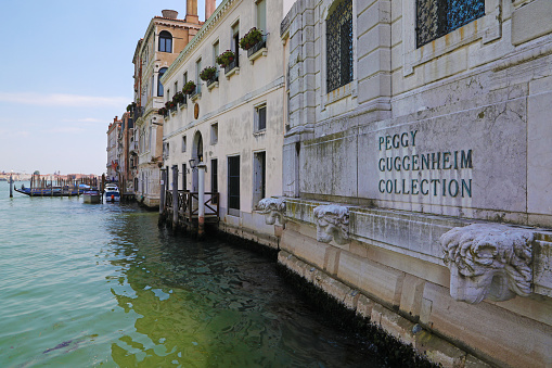 Sign of Peggy Guggenheim Collection facing the Grand Canal in Venice, Italy