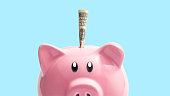 money on a pink piggy bank on a blue background. saving money concept.
