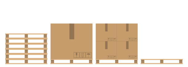 набор деревянных поддонов с картонными коробками различной формы, изолированных на белом фоне. картонные посылки. упаковка груза. векторна - box white stack white background stock illustrations