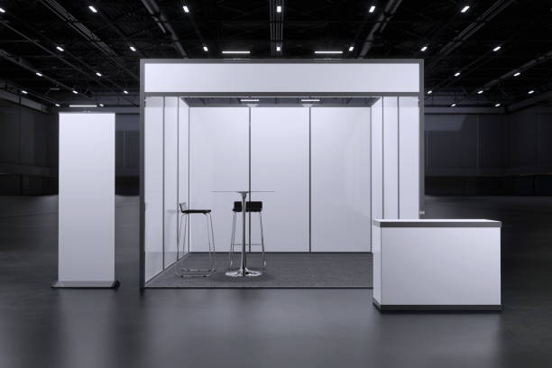 Exhibition standing for mockup and Corporate identity,Display.Empty booth design elements in Exhibition hall.Blank booth 3d illustration for trade show.Booth system with banner for Graphic.3d render.