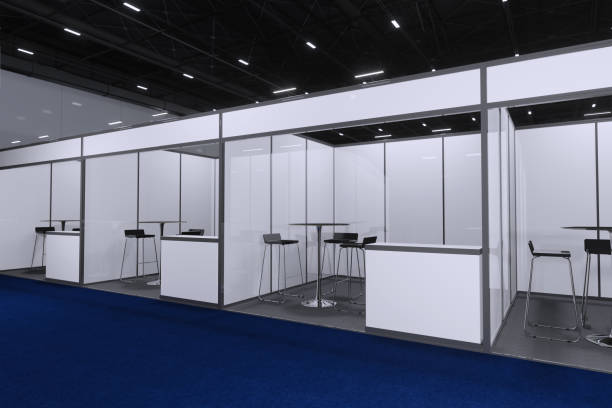 Exhibition standing for mockup and Corporate identity,Display.Empty booth design elements in Exhibition hall.Blank booth 3d illustration for trade show.Booth system with banner for Graphic.3d render.