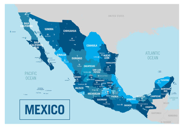 illustrazioni stock, clip art, cartoni animati e icone di tendenza di mappa politica del paese del messico. illustrazione vettoriale dettagliata con stati isolati, dipartimenti, regioni, isole e città facili da separare. - map gulf of mexico cartography usa