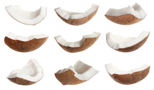 istock Set with pieces of ripe coconut on white background 1326236091