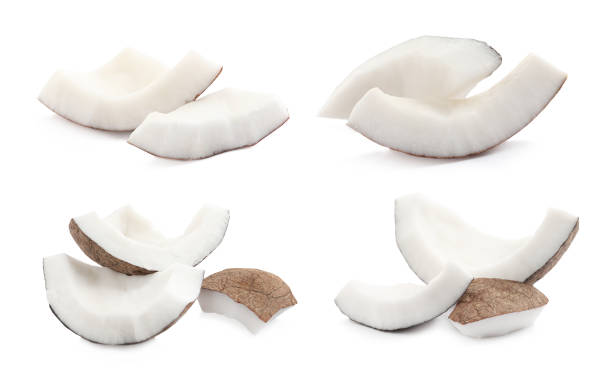 istock Set with pieces of ripe coconut on white background 1326236657
