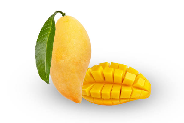 istock Vertical collage made of mango. From chopped pieces of mango and green leaf. 1326237683