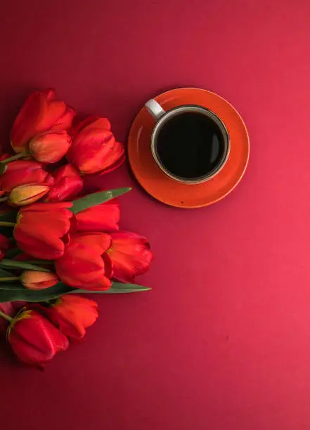 Photo of Bouquet of red  tulips and coffee cup arrangement with a lot of copy space for text. Spring mood concept. Greeting card for Birthday, Woman, Mother's Day, Wedding, Valentines day.