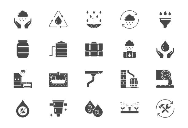 Rainwater harvesting flat icons. Vector illustration include icon - barrel, stainless steel reservoir, pipe, recuperation, liquid drainage glyph silhouette pictogram for water recycling. Black color Rainwater harvesting flat icons. Vector illustration include icon - barrel, stainless steel reservoir, pipe, recuperation, liquid drainage glyph silhouette pictogram for water recycling. Black color. rain silhouettes stock illustrations