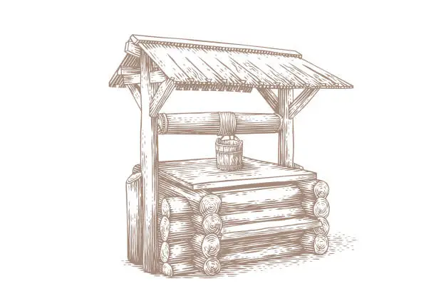 Vector illustration of Wooden water well on the grass