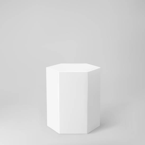 istock White 3d hexagon podium with perspective isolated on grey background. Product podium mockup in hexagon shape, pillar, empty museum stage or pedestal. 3d basic geometric shape vector illustration 1326241129