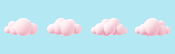 rosa 3d wolken auf einem blauen hintergrund isoliert gesetzt. rendern magische sonnenuntergang wolken symbol in den blauen himmel. 3d geometrische formen vektor-illustration. - pink background illustrations stock-grafiken, -clipart, -cartoons und -symbole