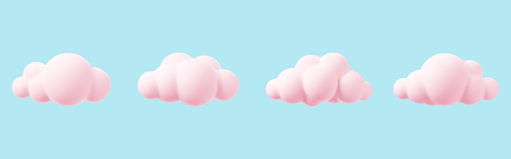Pink 3d clouds set isolated on a blue background. Render magic sunset clouds icon in the blue sky. 3d geometric shapes vector illustration.