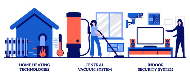 stockillustraties, clipart, cartoons en iconen met home heating, central vacuum system, indoor security concept with tiny people. home technologies vector illustration set. smart house appliance automation, mobile application, household metaphor. - central heating