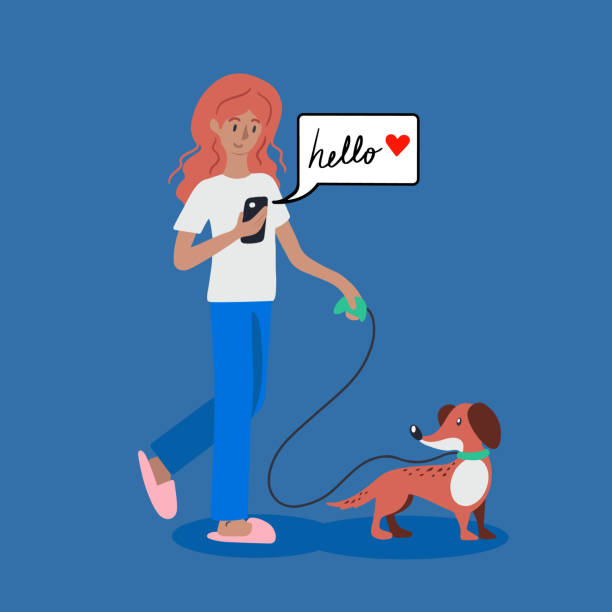 Girl with dog Red head girl walking with basset hound or dachshund on a leash and reading messages on her smartphone and message pops out saying hello with red heart illustration cartoon basset hound walking stock illustrations