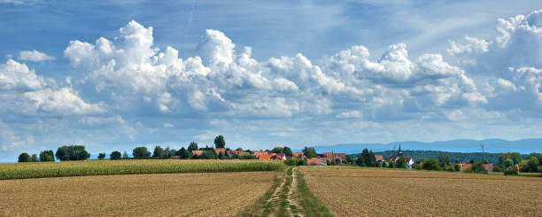 hunspach, el pueblo más bonito de francia 2020, panorama con campos - bas rhin fotografías e imágenes de stock