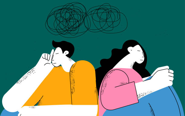 illustrazioni stock, clip art, cartoni animati e icone di tendenza di problemi di coppia, terapia di coppia, problemi di relazione e matrimonio, depressione e ansia design dell'illustrazione vettoriale piatta. donna e uomo tristi, infelici e stanchi che pensano, si sentono confusi - relazione di coppia