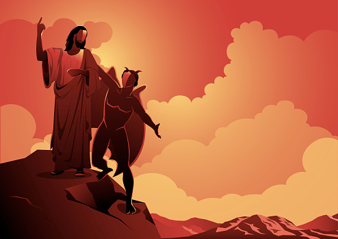 An illustration of depiction of the temptation of Satan to Jesus Christ. Biblical Series