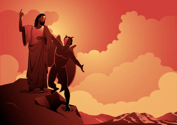 The temptation of Satan to Jesus Christ An illustration of depiction of the temptation of Satan to Jesus Christ. Biblical Series pics of a bewitched stock illustrations