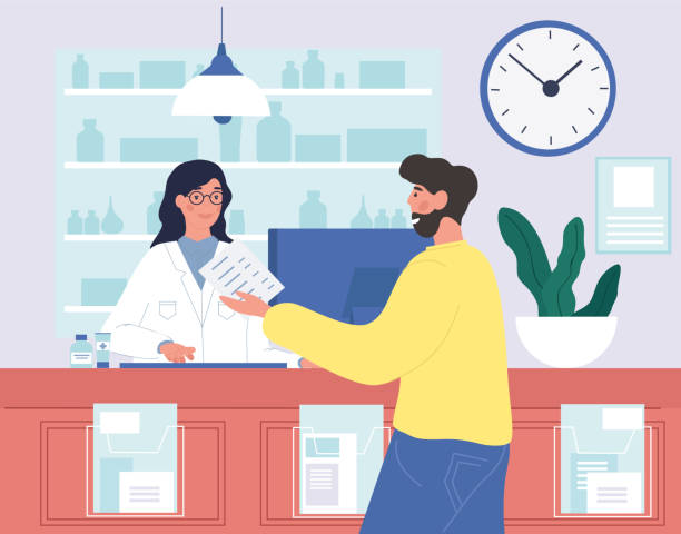 pharmacist consulting bearded man in pharmacy - pharmacist stock illustrations