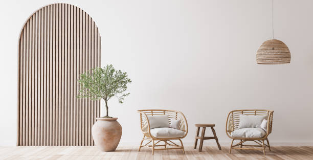 istock Boho cozy living room design, bright wall mockup 1326247644