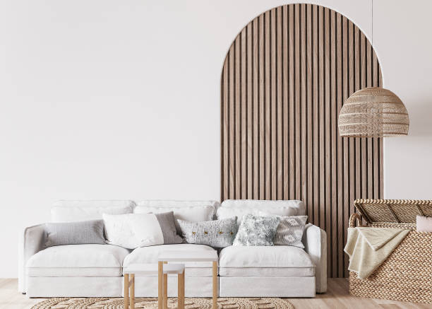 istock Boho cozy living room design, bright wall mockup 1326247677