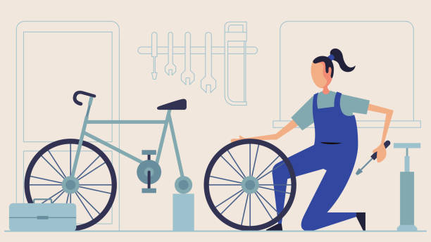 ilustraciones, imágenes clip art, dibujos animados e iconos de stock de mujer profesional sosteniendo el cuadro del ciclo en bicicleta - repair shop illustrations