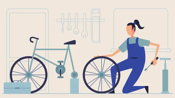 Vector illustration of Professional woman holding cycle frame in bicycle