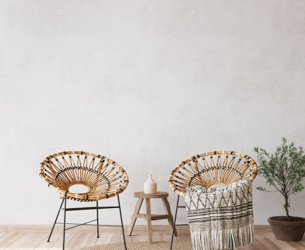 istock Boho cozy living room design, bright wall mockup 1326247893