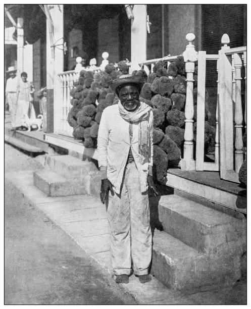 Antique black and white photograph: Sponge Merchant, Cuba Antique black and white photograph of people from islands in the Caribbean and in the Pacific Ocean; Cuba, Hawaii, Philippines and others: Sponge Merchant, Cuba cuban ethnicity photos stock illustrations