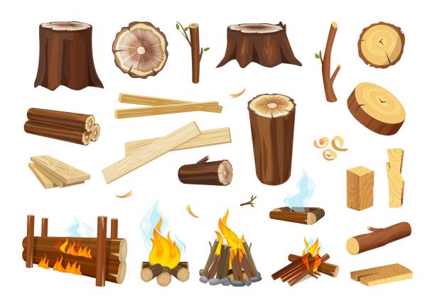 Lumber. Logs and timbers, wooden boards. Tree branches, wood shavings and sawdust. Burning and extinct bonfire, isolated vector rustic elements Lumber. Logs and timbers, wooden boards. Tree branches, wood shavings and sawdust. Burning and extinct bonfire, isolated vector rustic elements. Wood timber, wooden trunk cut, cartoon firewood oak fire stock illustrations