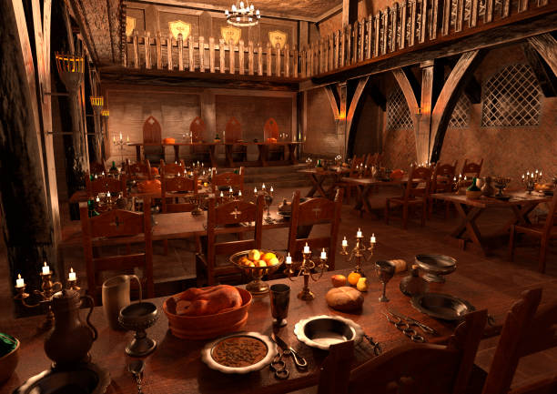 ilustración 3d gran sala medieval - banquete fotografías e imágenes de stock