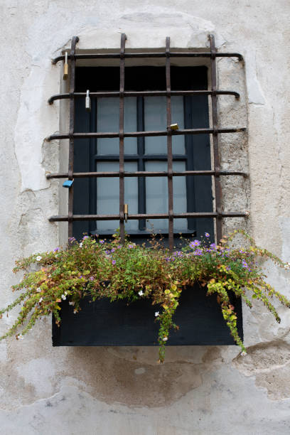 istock Wooden window with bars and flowerbeds 1326253311