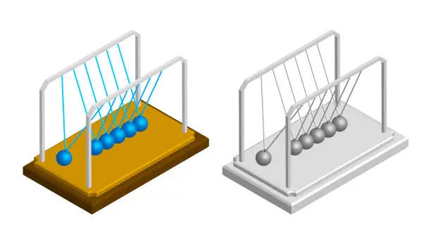 Vector illustration of isometric newton cradle. Balls hanging on strings. Studying force of attraction in physics lesson at school. Realistic 3D vector