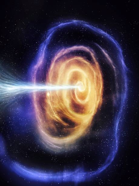 Quasar throws energy into space. Active nucleus of the galaxy. Black hole. stock photo