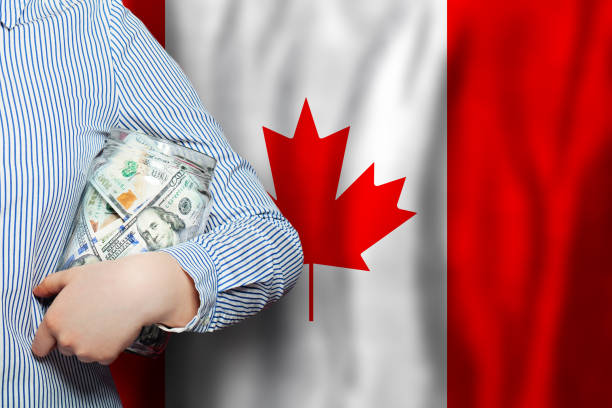 американские банкноты доллара на национальном канадском флаге с развевающийся фон. канада, финансовая тема. - canada investment dollar canadian flag стоковые фото и изображения