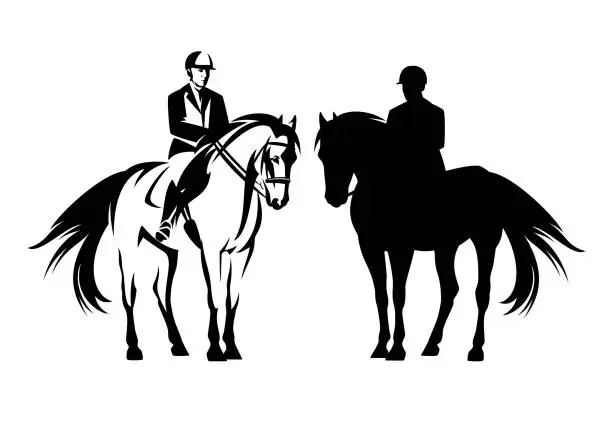 Vector illustration of jockey and standing horse black and white vector outline and silhouette
