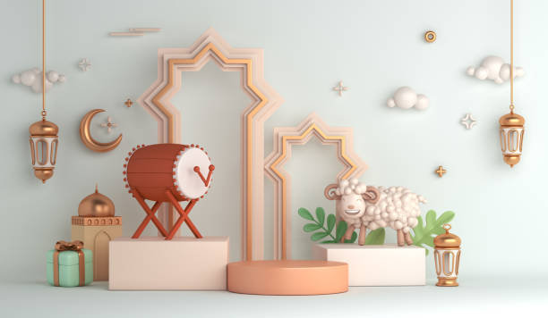 istock Eid al adha islamic decoration display podium background with goat sheep arabic crescent lantern bedug, ramadan kareem, mawlid, iftar, isra  miraj, eid al fitr, muharram, copy space, 3D illustration 1326260648