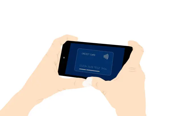 Vector illustration of Contactless payment, technology, holding a smartphone, payment.