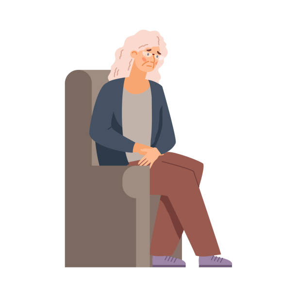 Elderly woman feeling tired and weary, flat vector illustration isolated. Elderly woman cartoon character in armchair feeling tired and weary. Chronic fatigue of elderly people concept, flat vector illustration isolated on white background. sad old woman stock illustrations