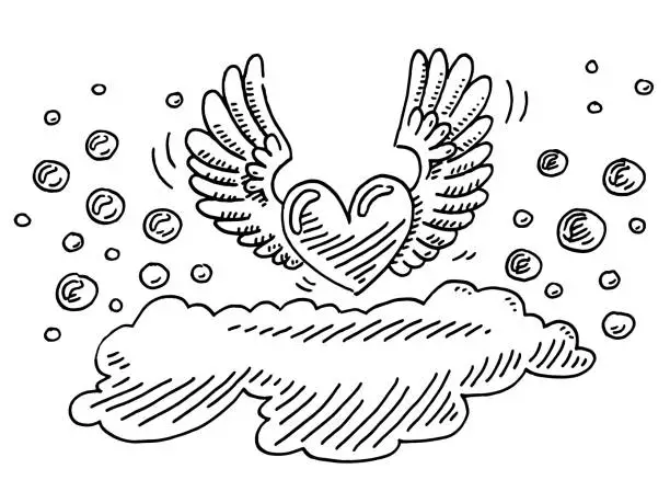 Vector illustration of Love Heart With Wings Drawing