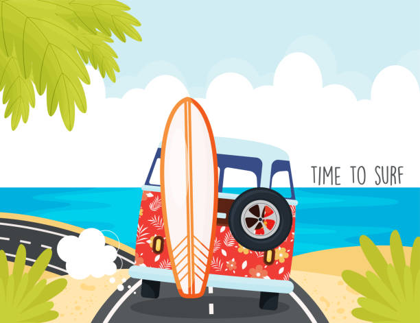 istock Beautiful red Van driving to the beach with surf. 1326263783