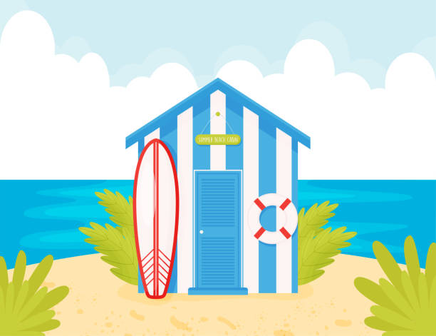 istock Cartoon blue wooden beach cabin with lifebuoy and surf. 1326264015
