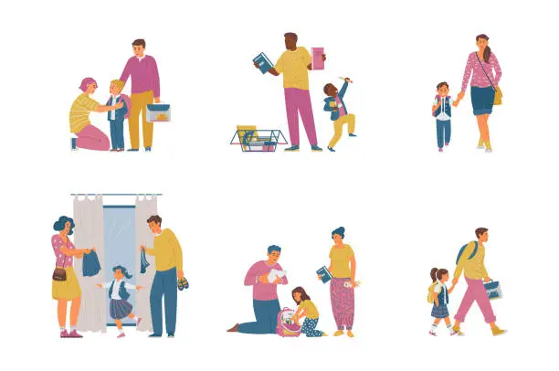 Vector illustration of Parents With Children Getting Ready For School vector collection