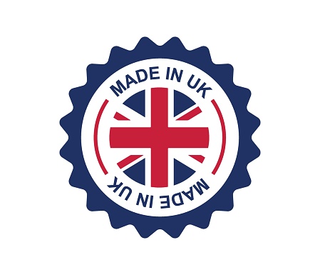 Made in UK. Britain flag logo. English brand sticker made in Britain vector stamp.