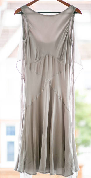istock Grey silk occasion dress in window 1326268375