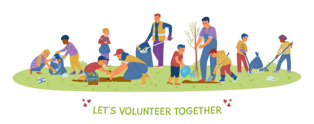 Children And Adults Volunteers Planting Trees And Collecting Trash Children And Adults Volunteers Planting Trees And Collecting Trash. Vector Motivational Banner. kids gardening stock illustrations