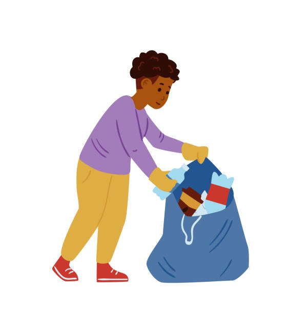 illustrations, cliparts, dessins animés et icônes de garçon afro-américain ramassant des déchets dans un sac poubelle. - bag garbage bag plastic black
