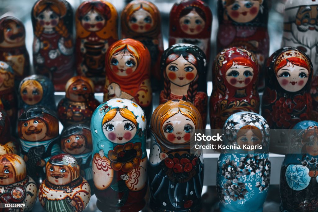 Many Russian painted dolls matryoshka in Moscow Russian Nesting Doll Stock Photo